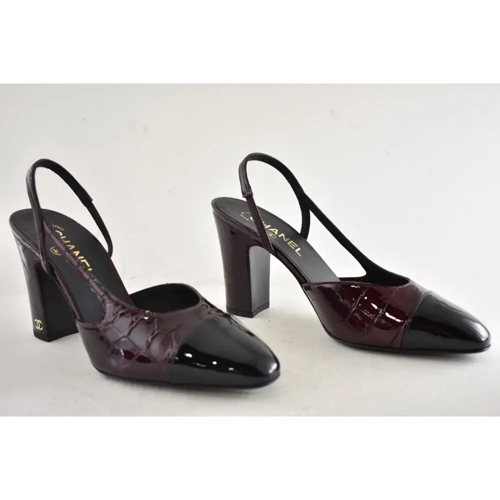 Chanel 26A Burgundy Black Crocodile Coco Sling Slingback Block Heel Pump 41c